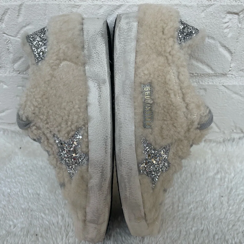New Golden Goode Super-Star Beige Shearling Silver Glitter Star Sneakers Size 37 - Picture 5 of 12